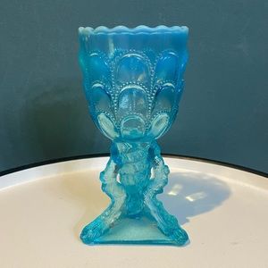 Vintage Northwood "Beads & Bark" Blue Opalescent Footed 6” Bud Vase